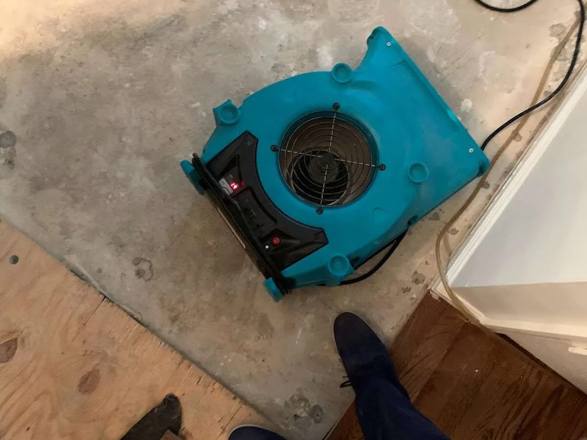 Air mover drying subfloor during Commercial Water Damage Restoration in Perth Amboy